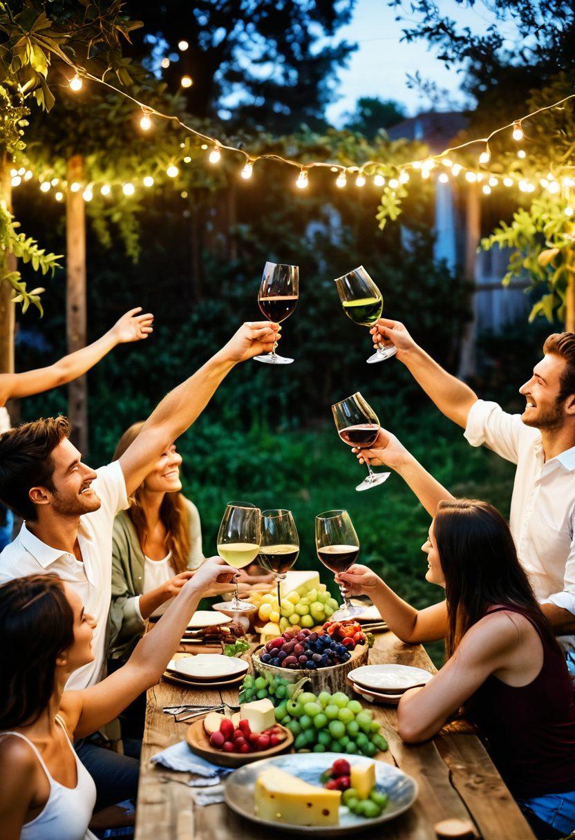 A cozy outdoor setting featuring diverse friends toasting with glasses of red and white wine under twinkling fairy lights. Lush green vines and a rustic wooden table are adorned with an array of delicious cheeses and fruits, exuding a feel of warmth and connection. Soft sunlight filters through the leaves creating a cheerful atmosphere. Emphasize the joy of community and celebration. vibrant colors. super-realistic.