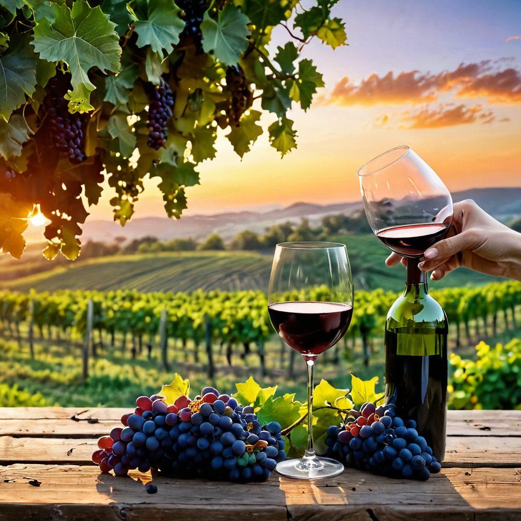 A scenic vineyard at sunset, with lush green grapevines stretching into the horizon and a rustic wooden table set with wine glasses and a bottle of red wine in the foreground. Capture the essence of viniculture with a hand harvesting grapes and a couple clinking glasses, sharing a joyful moment. Incorporate warm, inviting colors to evoke a sense of shared experiences and celebration. super-realistic. vibrant colors. warm tones.