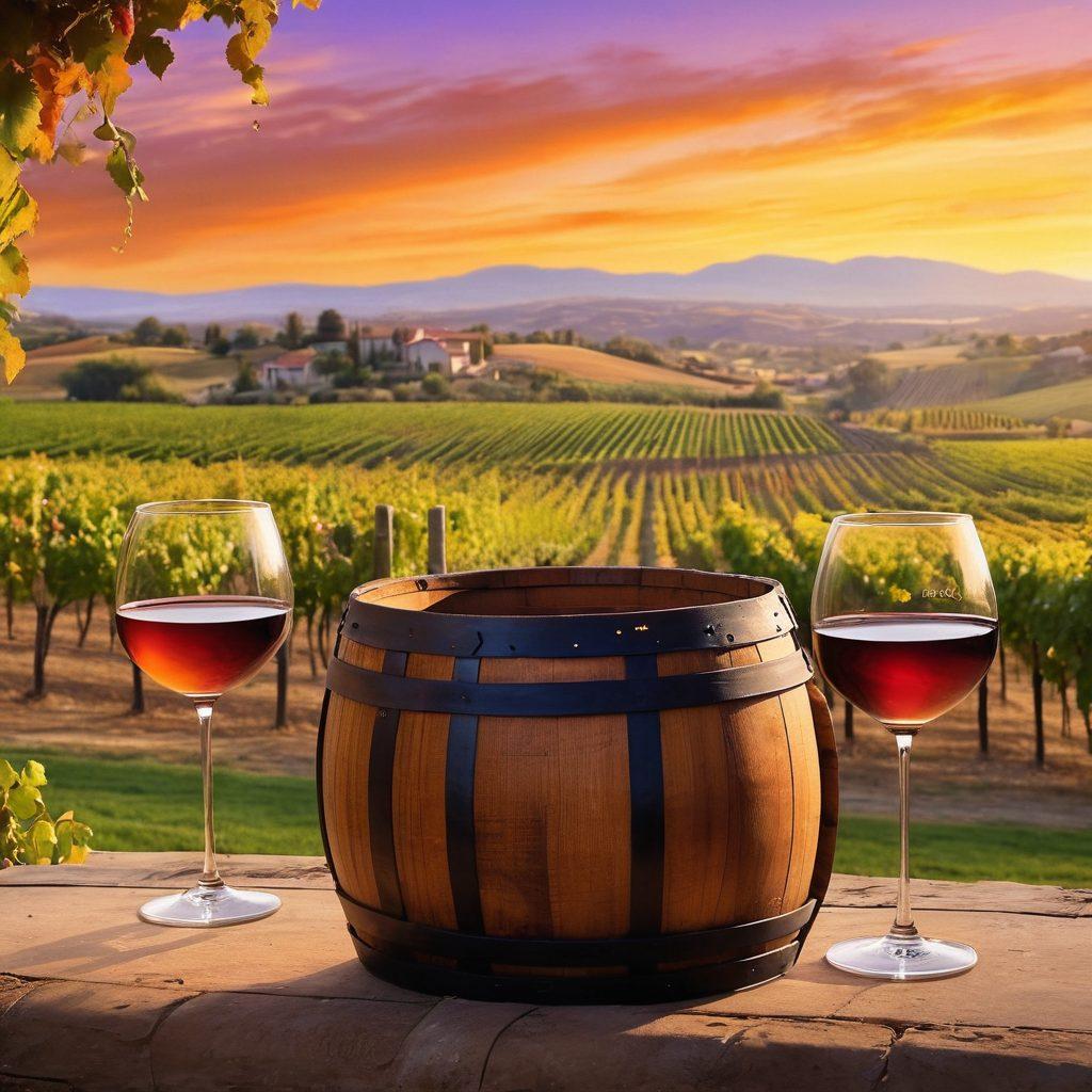A picturesque vineyard landscape at sunset, featuring rolling hills lined with grapevines, a rustic wine barrel in the foreground, and a couple savoring glasses of wine while sharing laughter. The sky is painted in warm hues of orange and purple, adding a serene ambiance. Include elements like a quaint winery in the background and a faint silhouette of a wine bottle beside the glasses. vibrant colors. super-realistic.